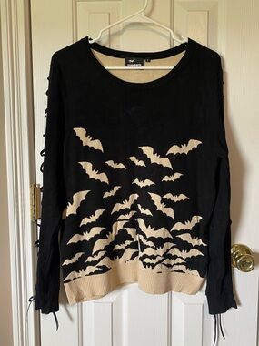 Banned Black Sweater with Cream Bat Pattern and Ribbon Sleeves Size L
